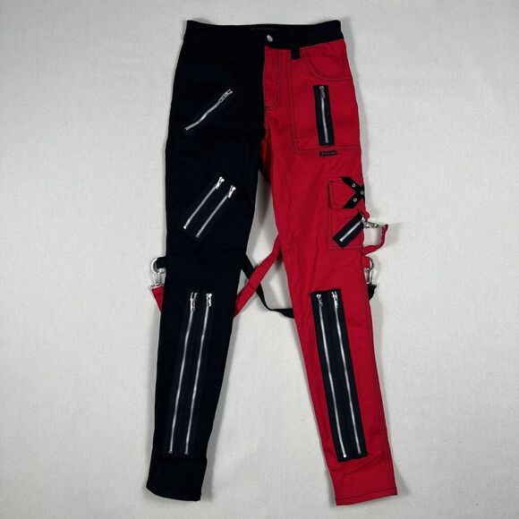 Tripp Ladies Split Leg Bondage Pants Women’s 26/3 Black Red Skinny‎ Goth Grunge - Picture 1 of 16